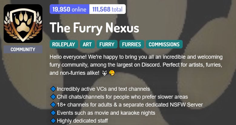 The Furry Nexus 18+ Discord server banner with description.