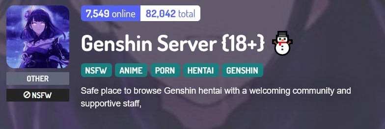 Genshin Server 18+ Discord server banner with description.