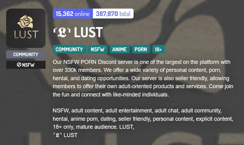 Lust 18+ Discord server banner with description.