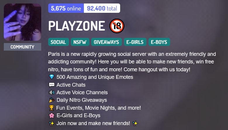 Playzone 18+ Discord server banner with description.