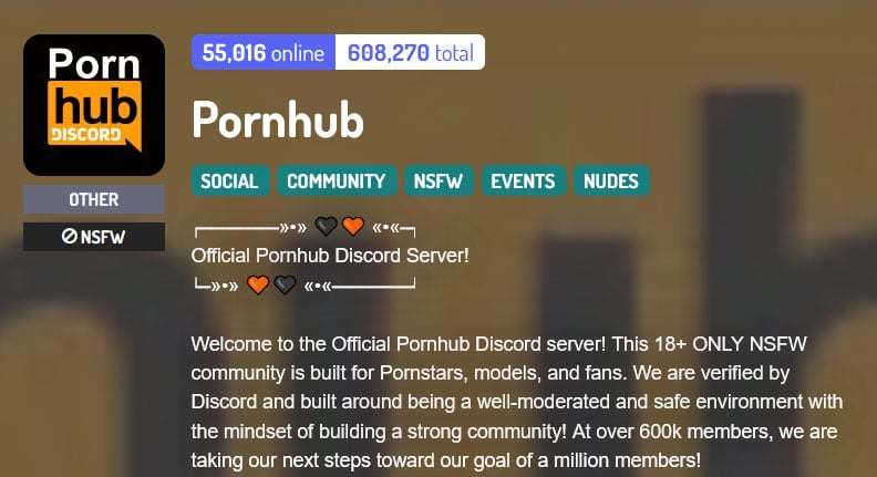 Pornhub 18+ Discord server banner with description.