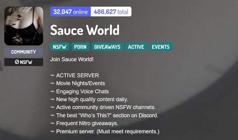 Sauce World 18+ Discord server banner with description.