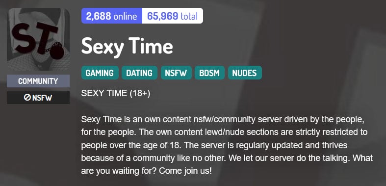 Sexy Time 18+ Discord server banner with description.