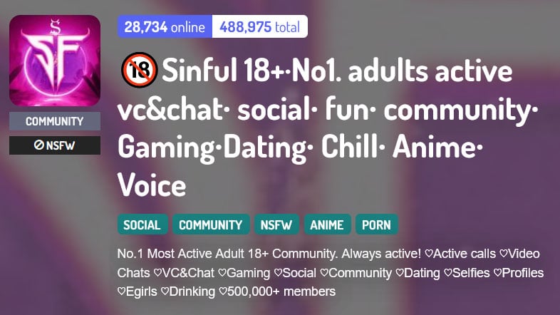 Sinful 18+ Discord server banner with description.