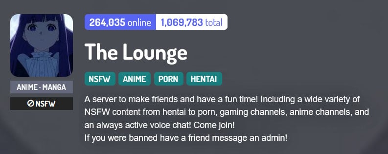 The Lounge 18+ Discord server banner with description.